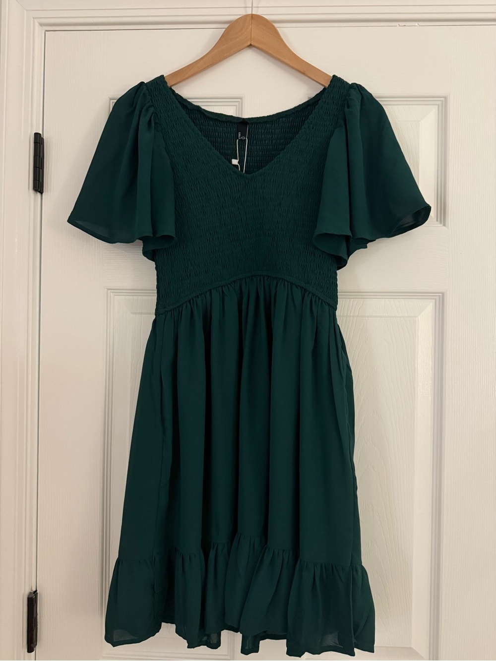 Deep Emerald Green Flutter Sleeve Smocked Dress